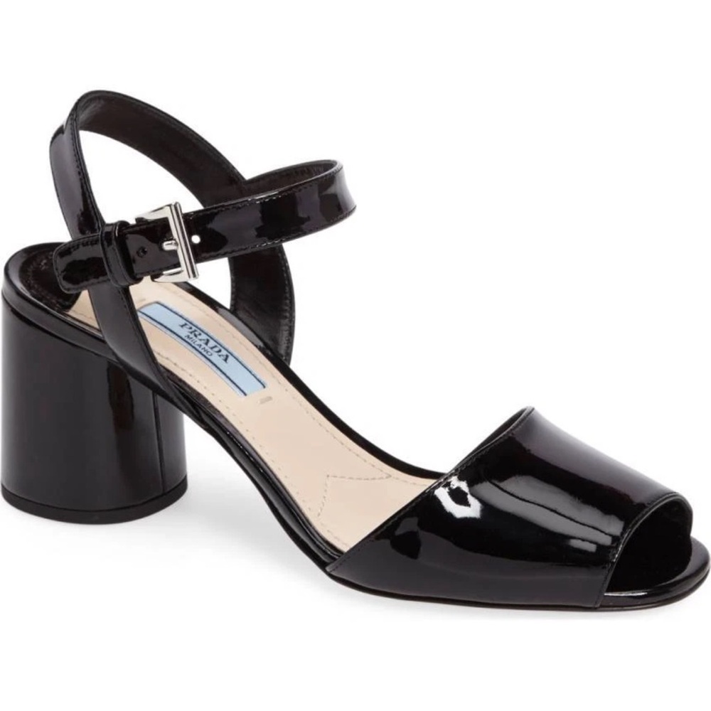 PRADA Round Heel Ankle Strap Slingback Sandal Shoe 36 - 5.5 Black Patent
